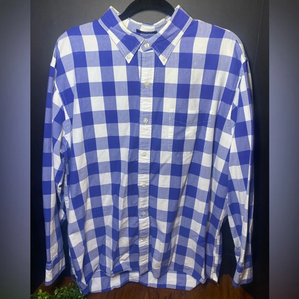 Lands' End Blue and‎ White Plaid Men's Shirt